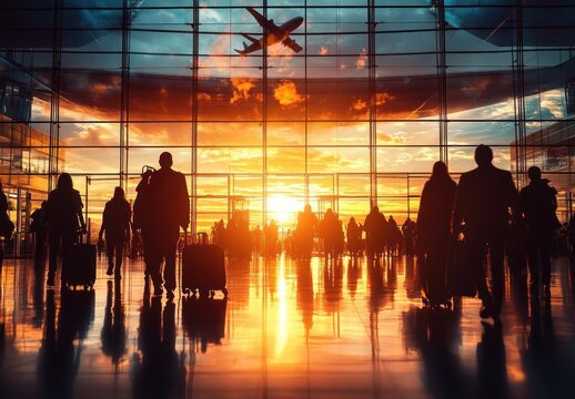 Silhouetted travelers with rolling suitcases in a glass airport terminal at golden sunset, reflective floor and an airplane taking off conveying motion and anticipation