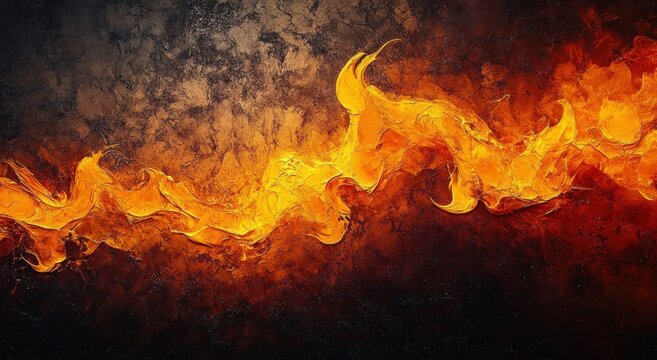 flowing ribbon of bright orange and yellow flames across a dark textured background conveying intense dramatic energy