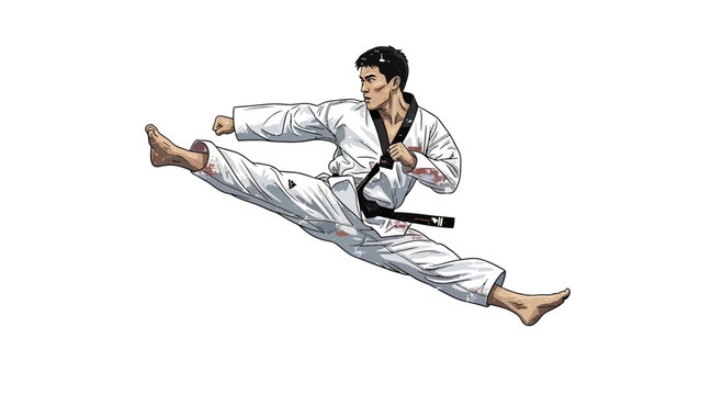 Martial artist performing a flying side kick in taekwondo uniform