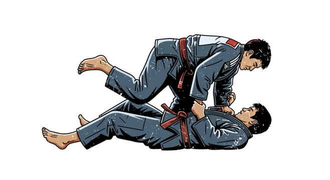 Martial arts athletes sparring in judo gis, one controlling the other on the mat.