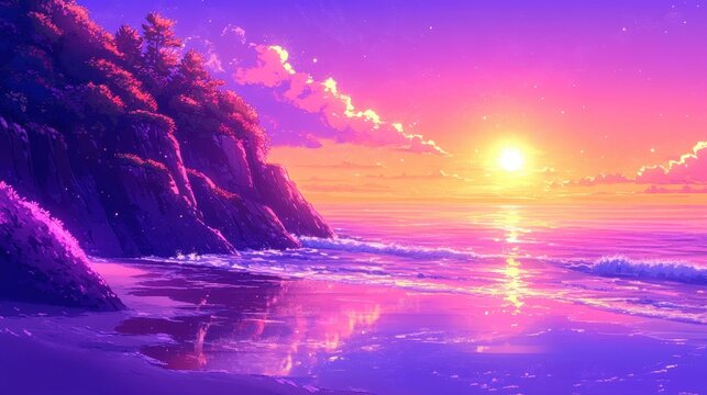 Vibrant coastal cliffs overlooking the ocean at sunset with stunning reflections and warm colorful light