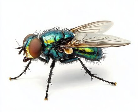 close-up of iridescent green-blue blow fly with large red compound eyes and translucent veined wings poised alert on white background