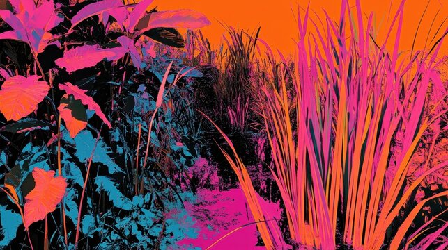Vibrant, high-contrast wetland scene with striking neon colors and lush, abstract foliage
