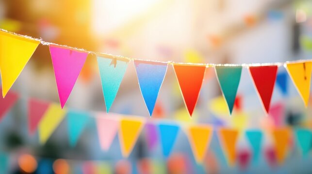 Vibrant triangular celebration banners strung across an outdoor event, illuminated by warm daylight