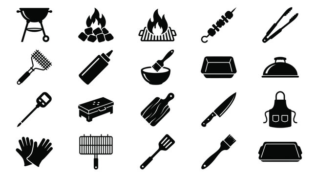 Black BBQ Grill and Cooking Utensil Icons on White Background