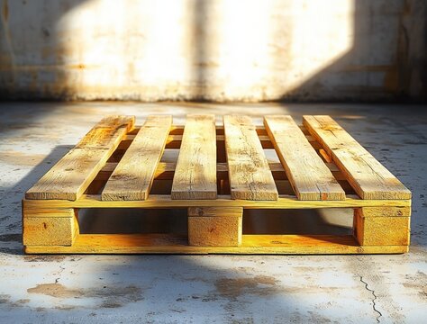 worn wooden pallet on cracked concrete floor bathed in warm sunlight and long shadows in an empty industrial interior, evoking quiet solitude