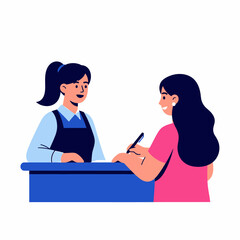 Fototapeta premium Two women interacting at a counter, one writing on a document while the other provides assistance in a flat vector illustration.