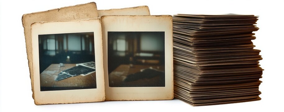 stack of aged instant photo prints and two worn framed photos showing a blurred interior on a wooden table, evoking nostalgia and faded memories
