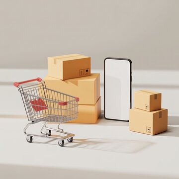 Shopping cart with boxes and smartphone displaying online shopping concept