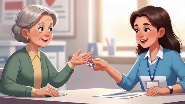Older woman receiving "I voted" sticker from worker in cartoon style election scene