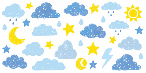 Obraz premium Colorful weather elements clouds stars sun moon rain and lightning