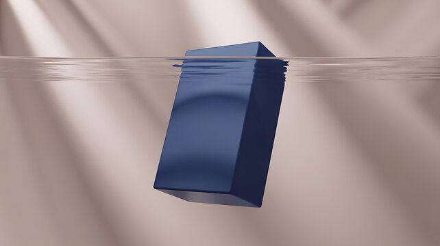Blue rectangular prism partially submerged in clear water with visible texture abstract background rectangular submerged geometric minimalist abstract buoyancy
