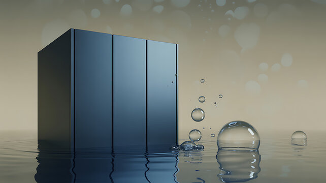 Dark blue rectangular prism partially submerged in water with bubbles abstract background water surface geometric submerged abstract minimalist background