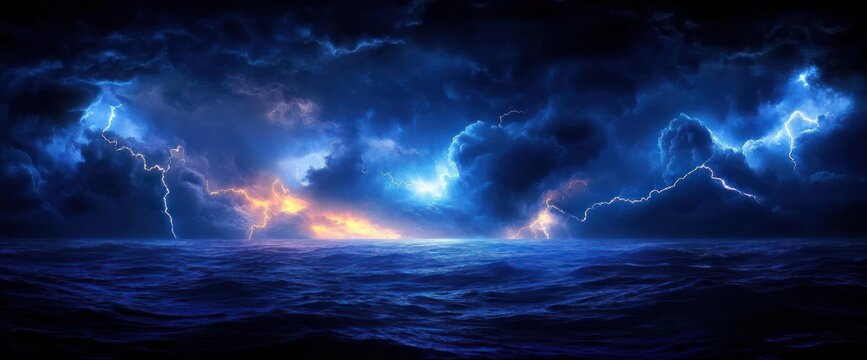 Tumultuous stormy sea beneath electric blue thunderclouds and jagged lightning with a distant fiery horizon, evoking awe, tension and imminent danger