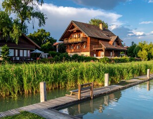 Fototapeta premium Wooden house by canal, with a dock, surrounded by lush greenery on a partly cloudy day