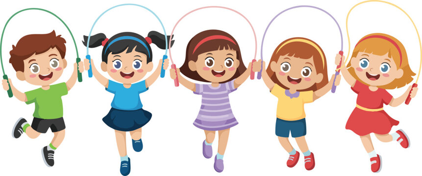 A group of happy diverse children jumping and playing with colorful skipping ropes in a cheerful flat vector illustration style.