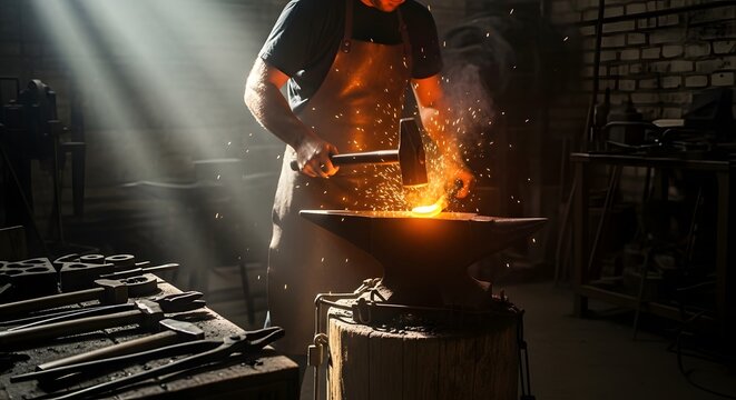 A skilled blacksmith hammers a glowing hot metal piece on an anvil, creating a shower of sparks in a traditional, dimly lit forge with tools scattered around.