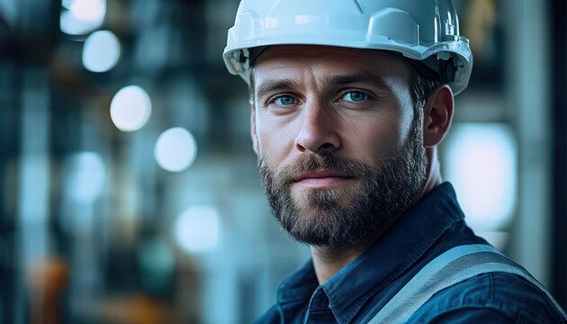 Construction worker in hard hat and blue work shirt with reflective shoulder strap in industrial interior, posture conveying confidence and focus
