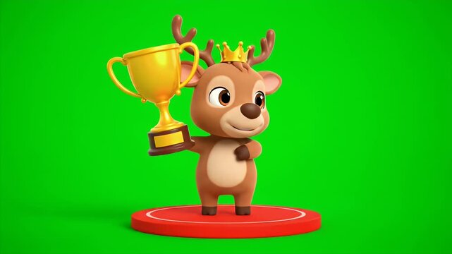 A charming cartoon reindeer character wearing a golden crown and holding a golden trophy stands proudly on a red circular