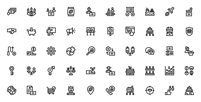 Fair Trade icon set. Vector symbols for money, trade, packaging, worker, ethics, sustainability and more. Minimal line icons collection.