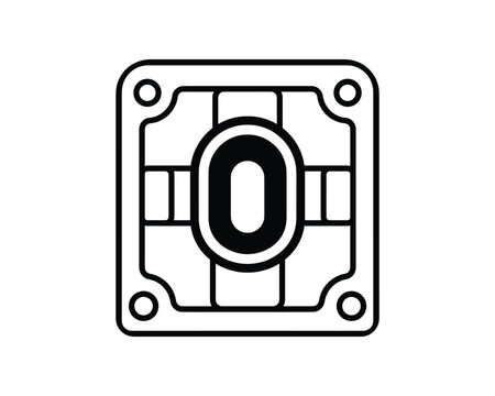 Vector line art icon of a logistics container twist lock mechanism with a central zero symbol.