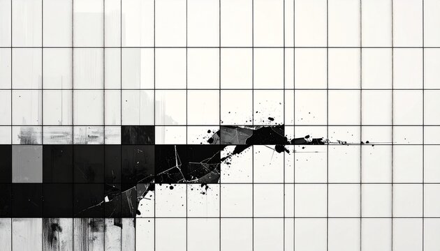 Abstract grid pattern with broken alignment and black splatter, minimal monochrome design