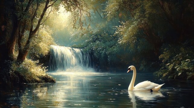 white swan gliding on a mirrorlike pool beneath a sunlit waterfall surrounded by lush trees and dappled light in a tranquil misty forest scene