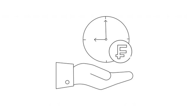 Hand holding clock with Swiss Franc symbol icon.