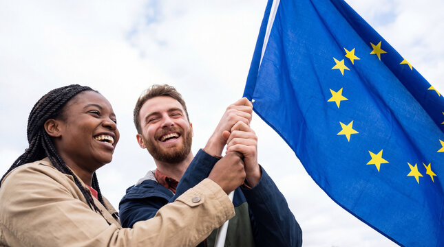 Europe Day young people raising EU flag upward celebrates unity peace pride enthusiasm for editorial magazine article website multicultural celebration inspiration content