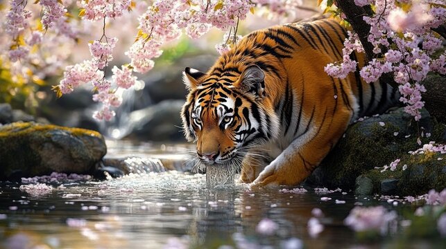 Majestic tiger crouched at a flowering stream under pink cherry blossoms, drinking with serene, focused intensity