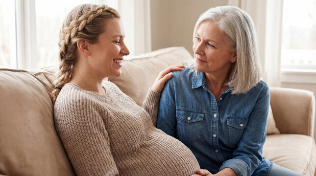 Mother's Day pregnant daughter expectant mom grandmother sitting together celebrating motherhood love support family bond generational warmth hope comfort joy background