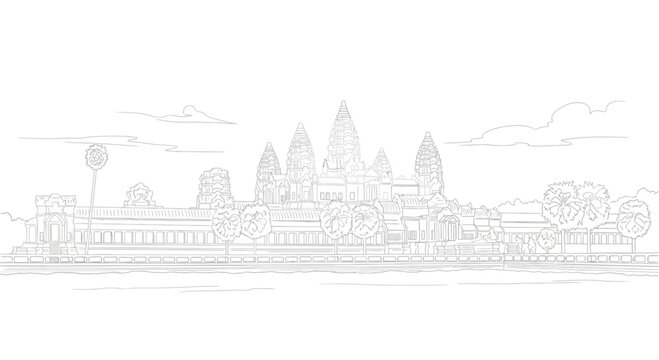 Angkor Wat in a minimalist line art style, a UNESCO World Heritage site in Cambodia, depicted with intricate detail and clean lines