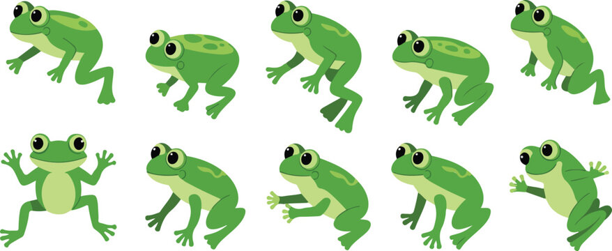Cartoon frog jumping poses set with green amphibian character animation sequence in dynamic movement isolated on white background