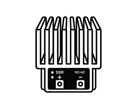 Vector outline icon illustrates an industrial solid-state relay, complete with a heatsink and DC-AC labels.