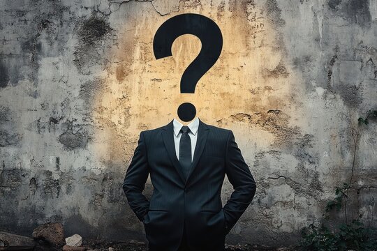 headless businessman in dark suit with a large question mark replacing his head standing against a cracked concrete wall conveying uncertainty and mystery