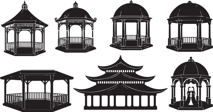 Black gazebo icons, pagoda style structures, outdoor pavilion silhouettes, garden shelters