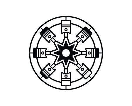 Vector outline icon of a radial hydraulic piston motor with eight pistons.