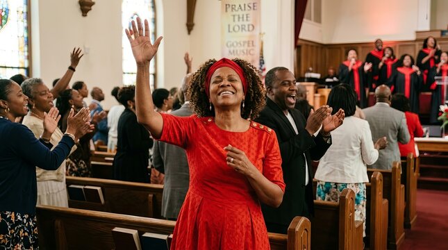 Joyful African American woman wearing a red outfit praising God during a church worship service.
