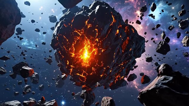 Asteroid field in space with glowing core