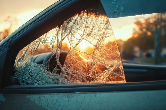 shattered car side window catching warm sunset light, cracked safety glass and empty interior conveying quiet melancholy
