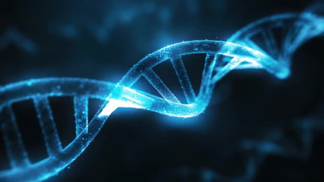 Abstract dna strand illuminated in blue against dark backdrop