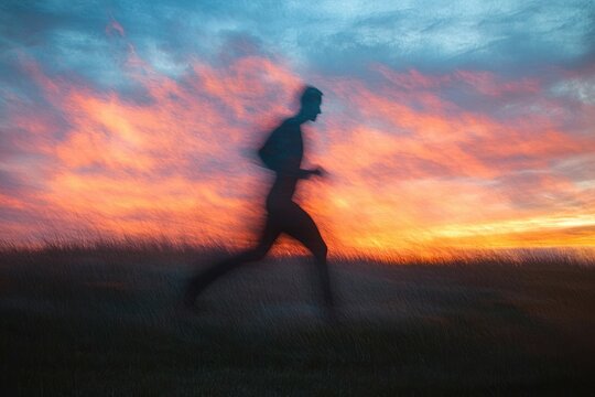 silhouetted runner sprinting across a grassy field at a vibrant sunset with blurred motion conveying freedom and determination