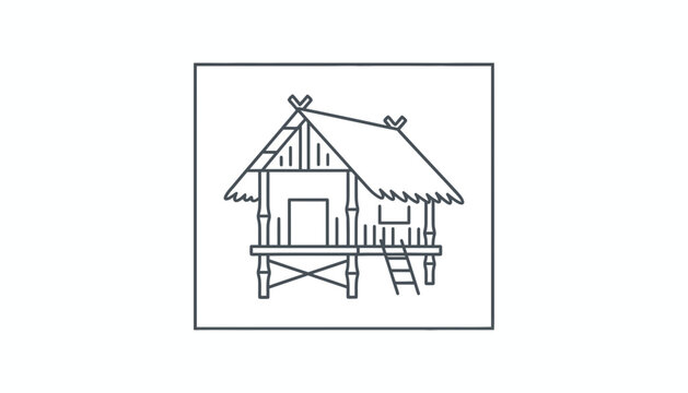 Traditional stilt house icon, simple line art drawing of a tropical hut on stilts with thatched roof.