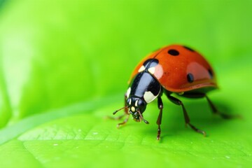Fototapeta premium Close-up of ladybug on vibrant green leaf, white backdrop, macro, wildlife photography, summer