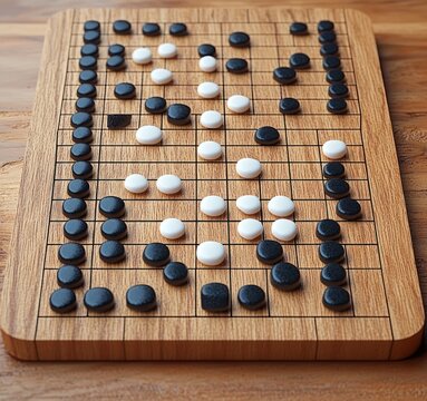 calm contemplative midgame on a wooden strategy board with black and white stones on a gridded surface