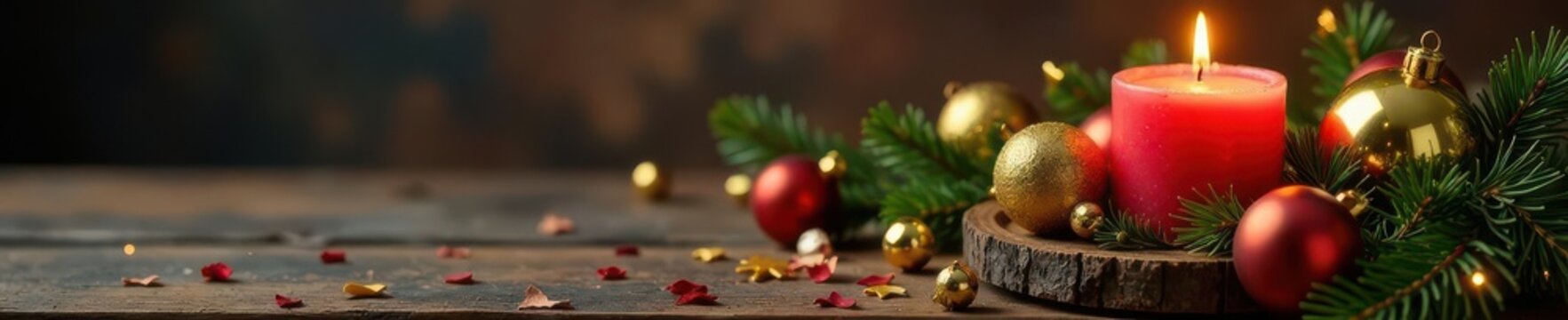 Golden ornaments & fourth advent candle on rustic wood , celebration, serene
