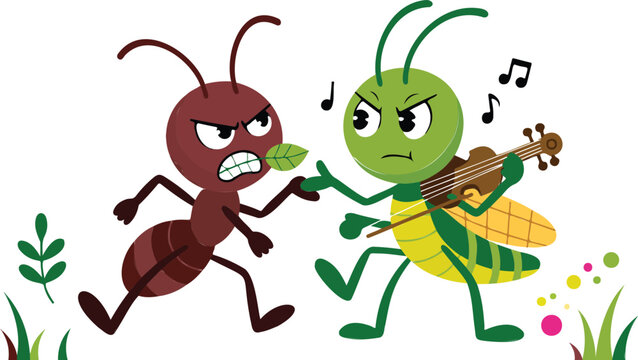 Cartoon ant and grasshopper playing violin dancing with musical notes and flowers in simple colorful illustration on white background