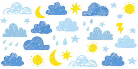 Obraz premium Colorful childlike drawing of clouds suns moons stars and rain