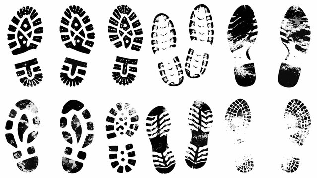 Collection of black shoe prints and footprints on a white background