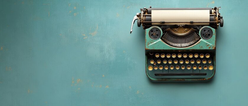 nostalgic teal vintage typewriter with blank sheet on worn textured teal background, evoking calm creativity and solitude